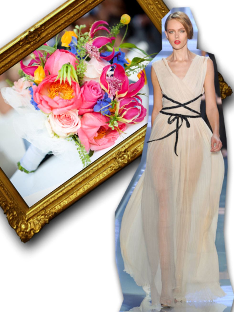 Petal, Dress, One-piece garment, Gown, Cut flowers, Day dress, Bouquet, Embellishment, Peach, Flower Arranging, 