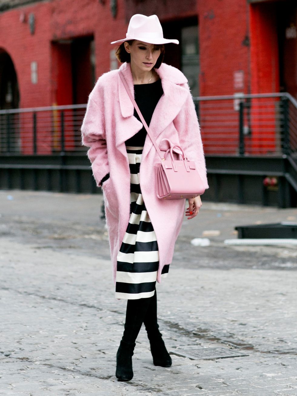 Clothing, Sleeve, Hat, Shoulder, Textile, Outerwear, Winter, Style, Pink, Coat, 
