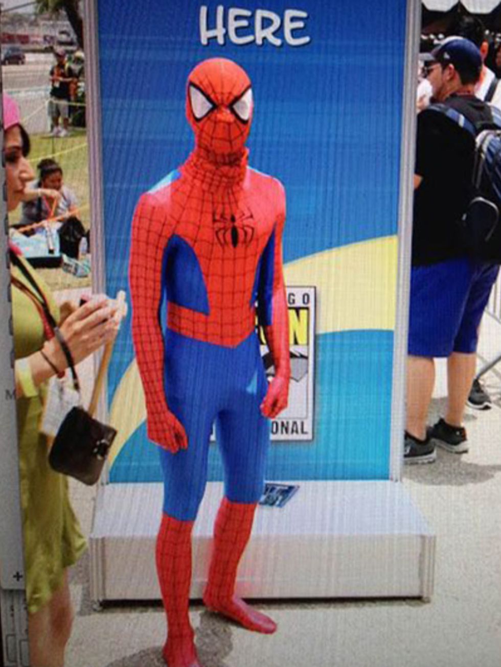 Spider-man, Human leg, Standing, Fictional character, Chest, Carmine, Costume, Luggage and bags, Trunk, Superhero, 