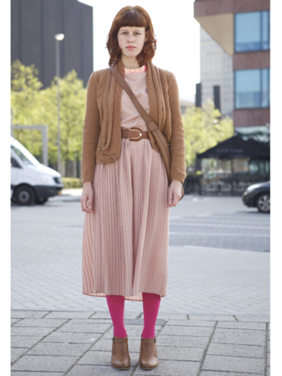 Clothing, Footwear, Brown, Sleeve, Shoulder, Textile, Outerwear, Pink, Style, Street fashion, 