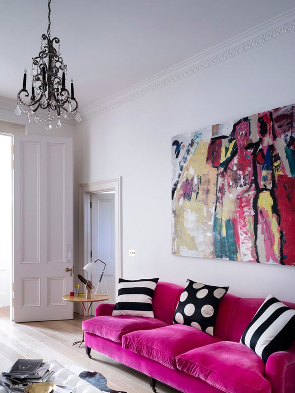 Room, Interior design, Purple, Wall, Couch, Pink, Furniture, Living room, Interior design, Magenta, 