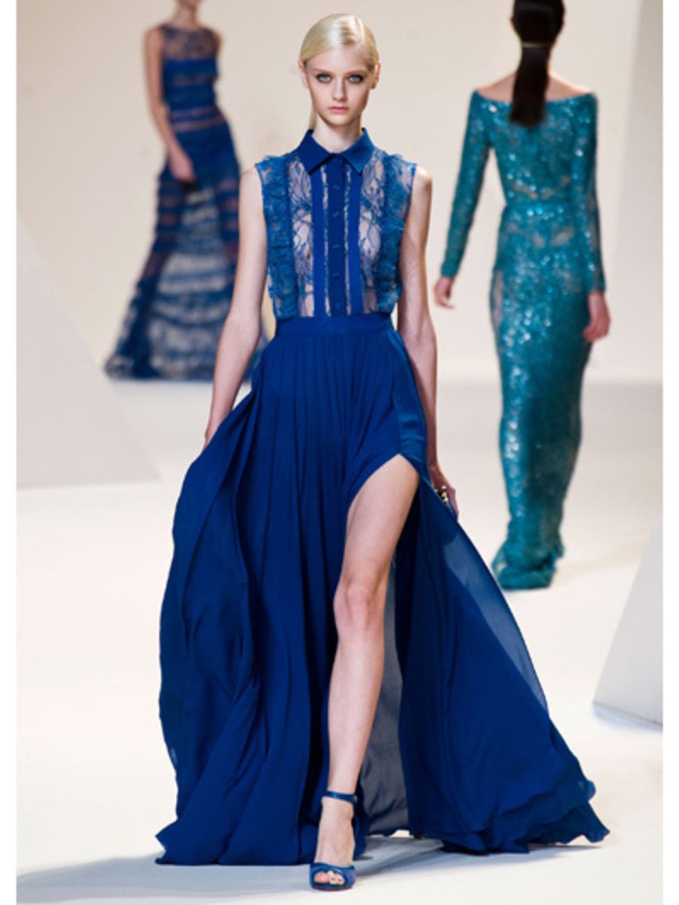 Clothing, Blue, Dress, Shoulder, Joint, One-piece garment, Waist, Formal wear, Style, Fashion model, 
