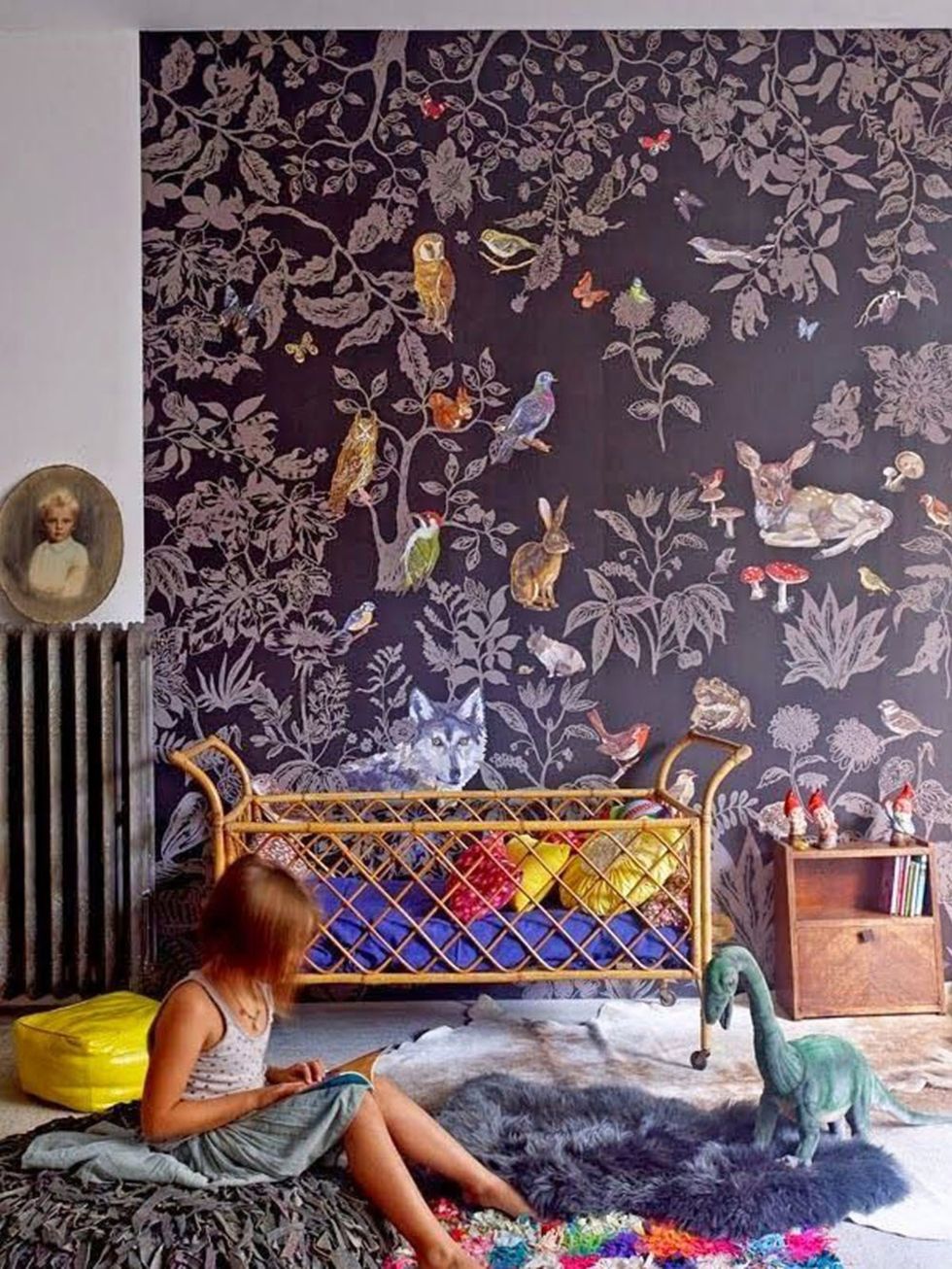 Purple, Toy, Interior design, Wallpaper, Bedroom, Dinosaur, Creative arts, Bed sheet, Bed, Bedding, 