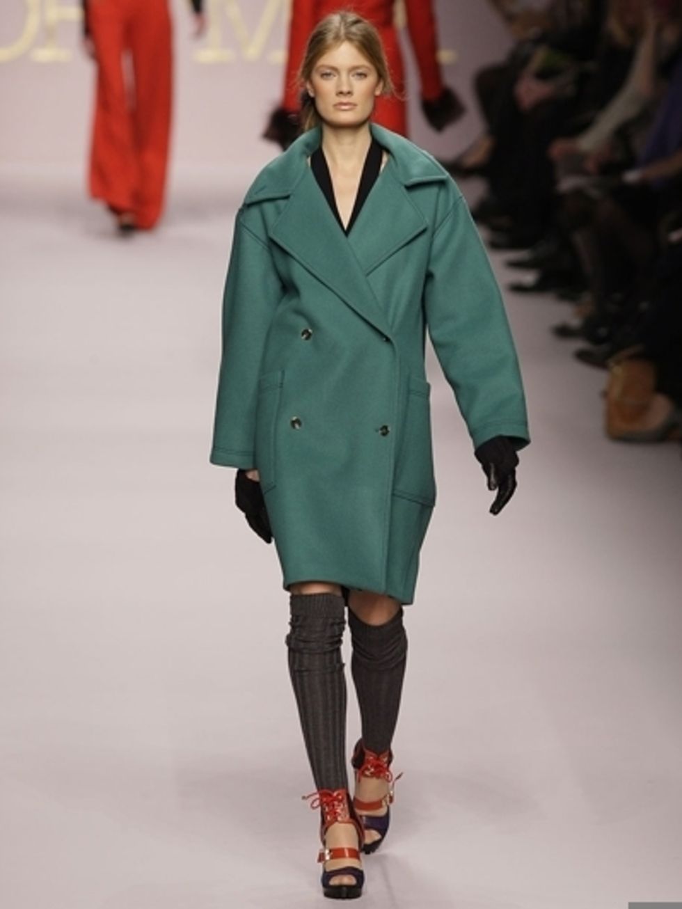 Clothing, Winter, Sleeve, Shoulder, Fashion show, Joint, Outerwear, Coat, Red, Runway, 