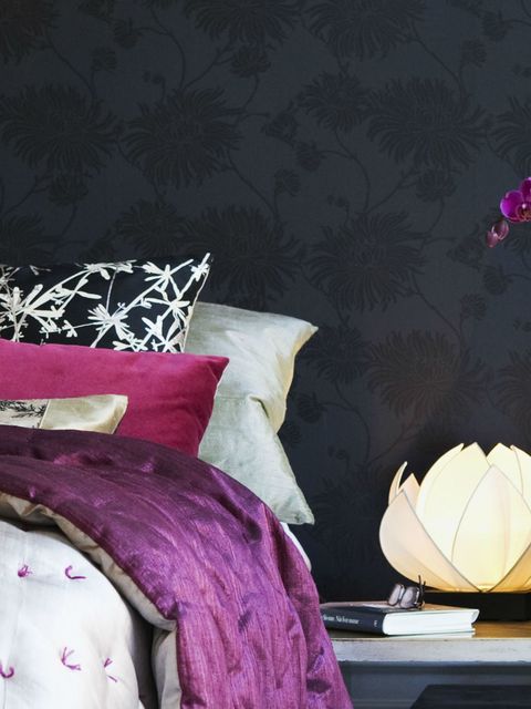 Bedding, Purple, Furniture, Bedroom, Pillow, Bed sheet, Room, Violet, Pink, Interior design, 