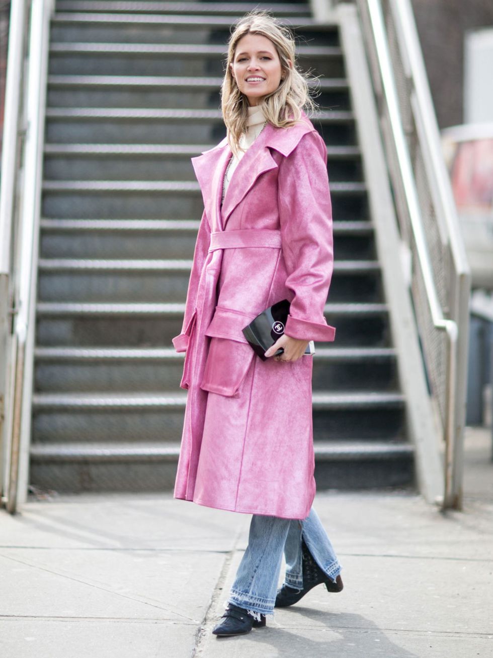 Clothing, Sleeve, Textile, Coat, Outerwear, Magenta, Standing, Purple, Pink, Street fashion, 