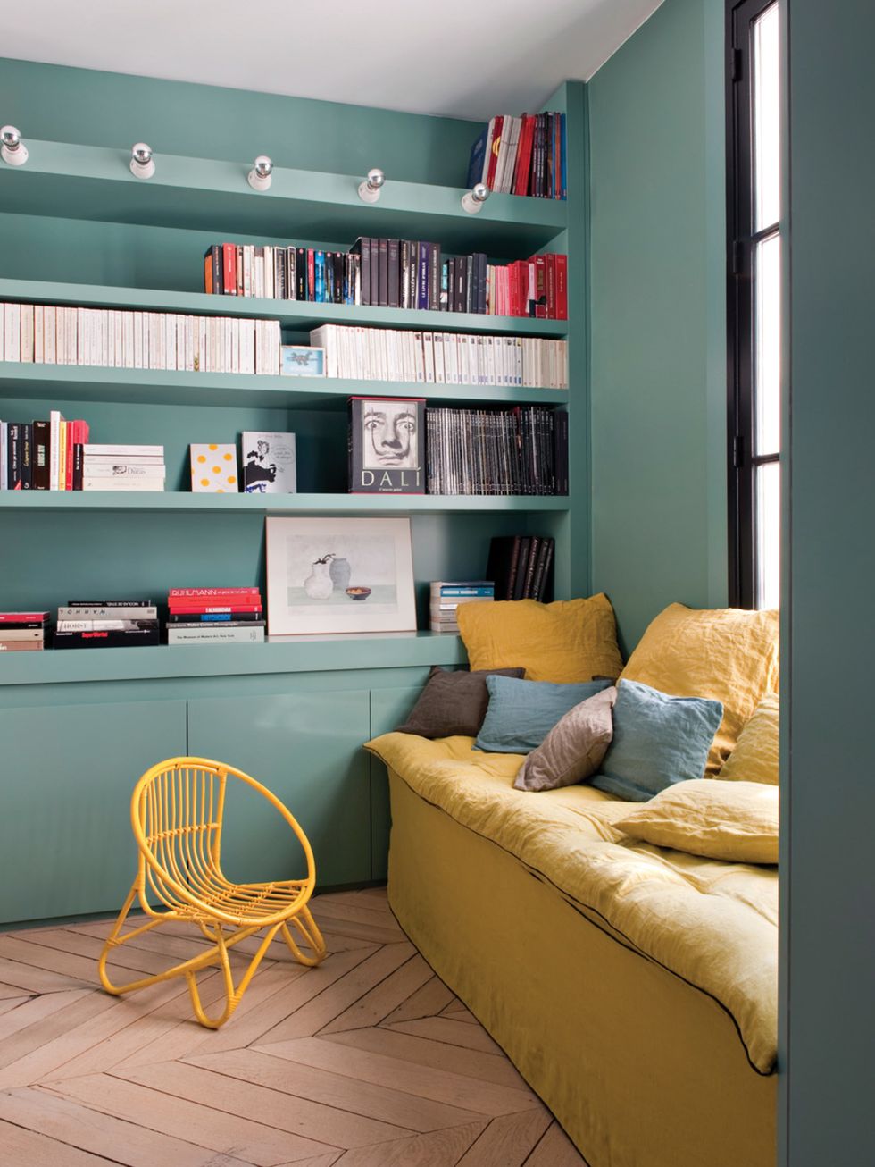 Room, Interior design, Wall, Shelf, Furniture, Shelving, Bookcase, Teal, Home, Turquoise, 