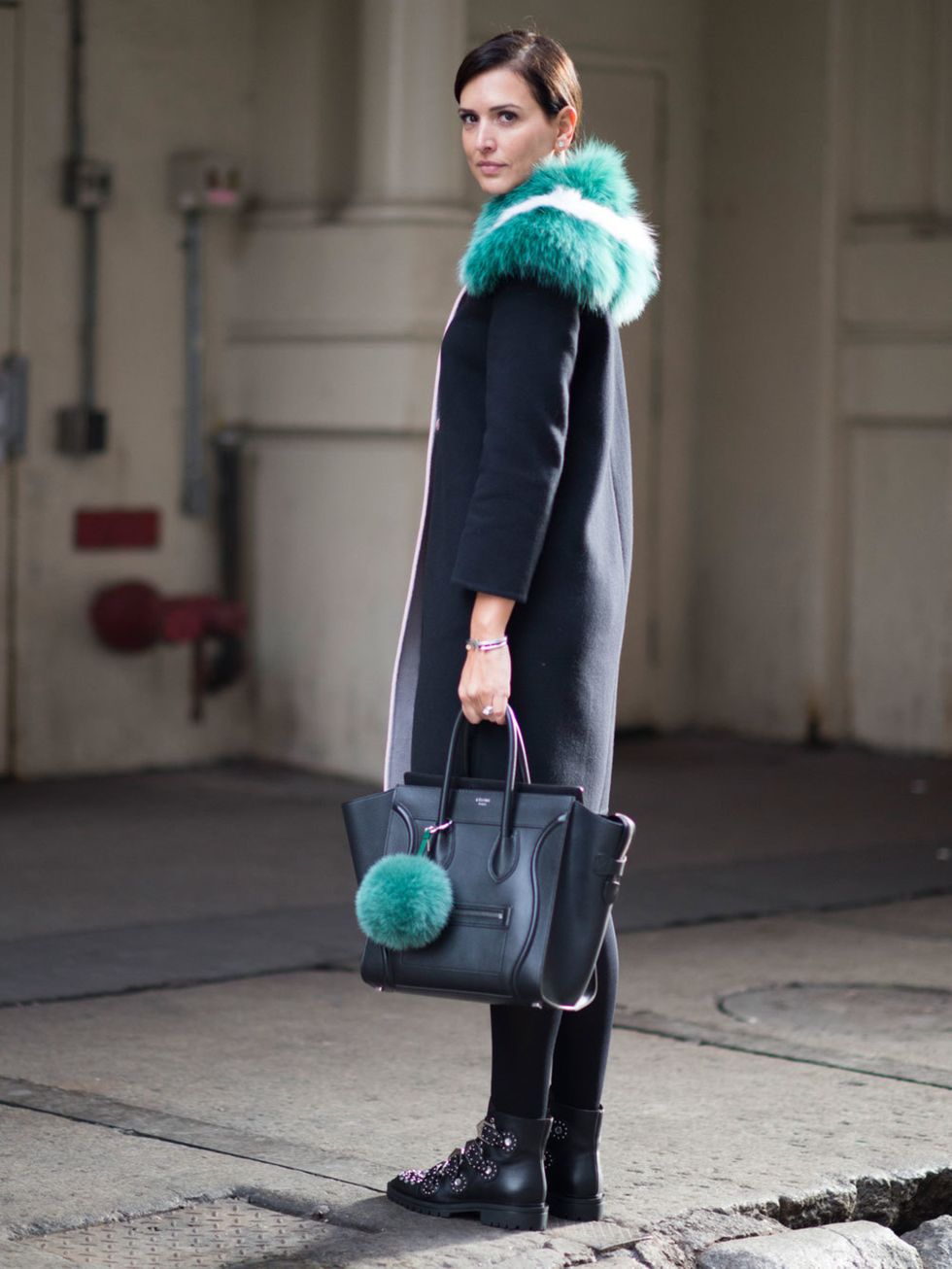 Clothing, Footwear, Green, Textile, Standing, Outerwear, Bag, Style, Street fashion, Teal, 