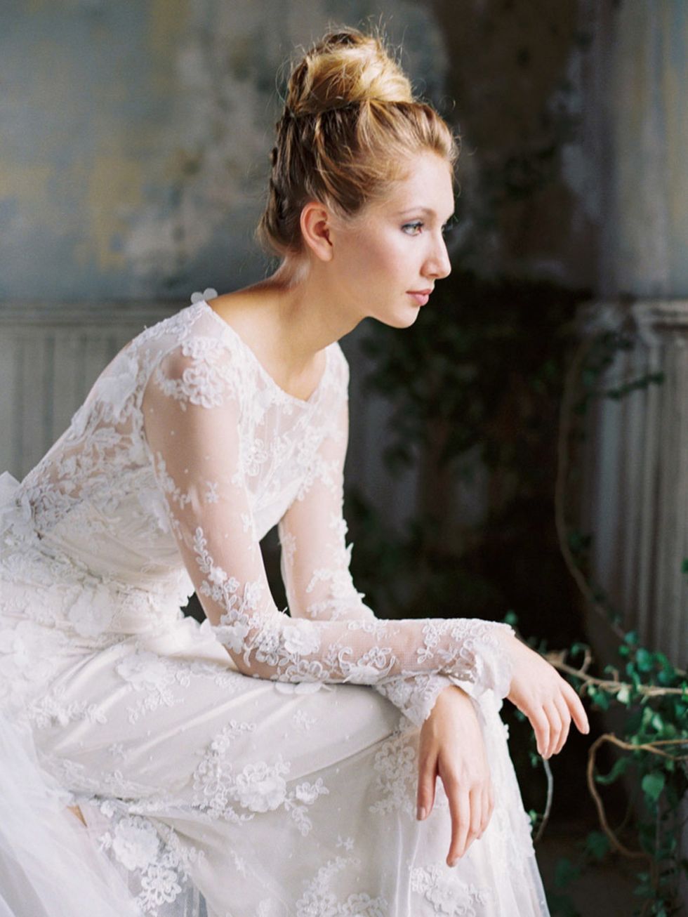 Clothing, Hairstyle, Sleeve, Dress, Shoulder, Photograph, Bridal clothing, Gown, Sitting, Wedding dress, 