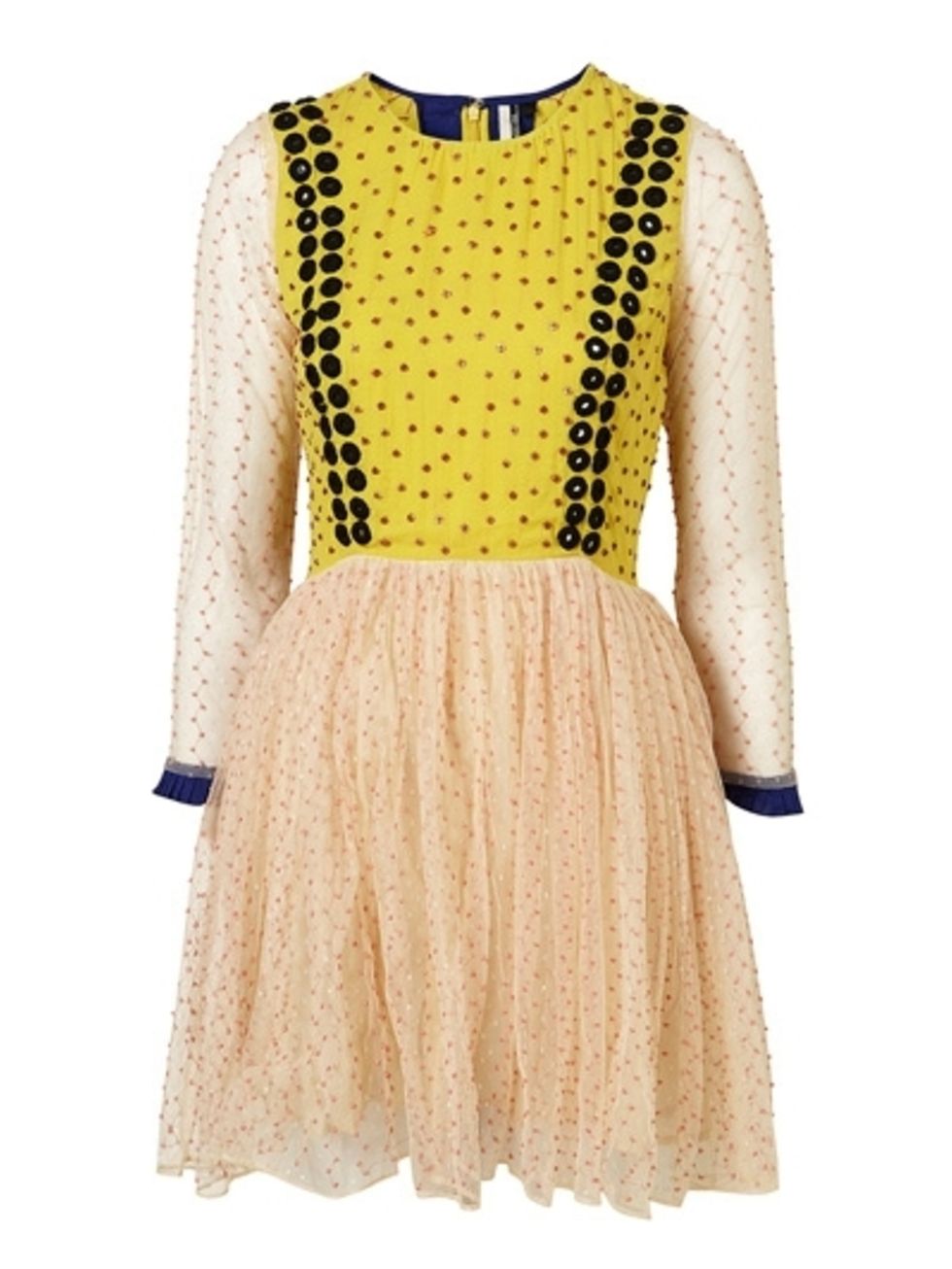 Yellow, Sleeve, Textile, Pattern, White, Dress, Style, One-piece garment, Fashion, Neck, 