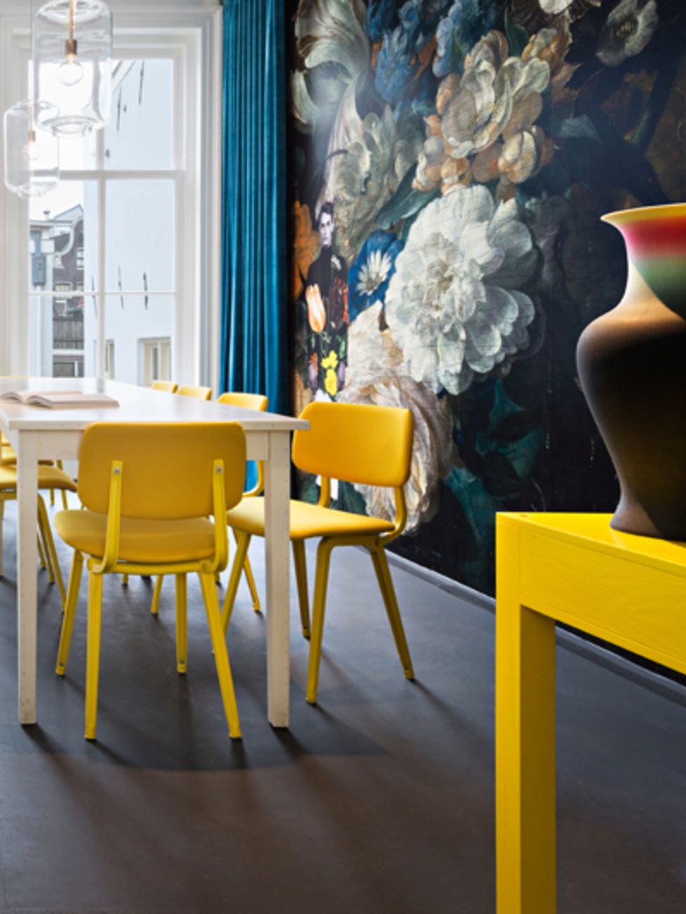 Yellow, Room, Interior design, Floor, Furniture, Chair, Flooring, Interior design, Door, Vase, 