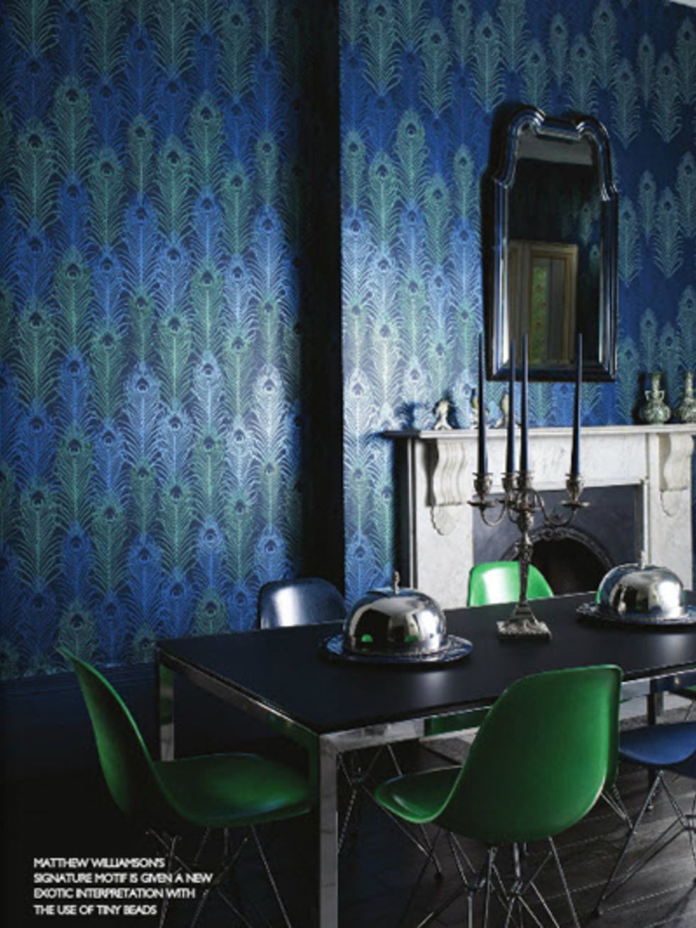 Room, Table, Furniture, Interior design, Chair, Mirror, Interior design, Lamp, Majorelle blue, Curtain, 
