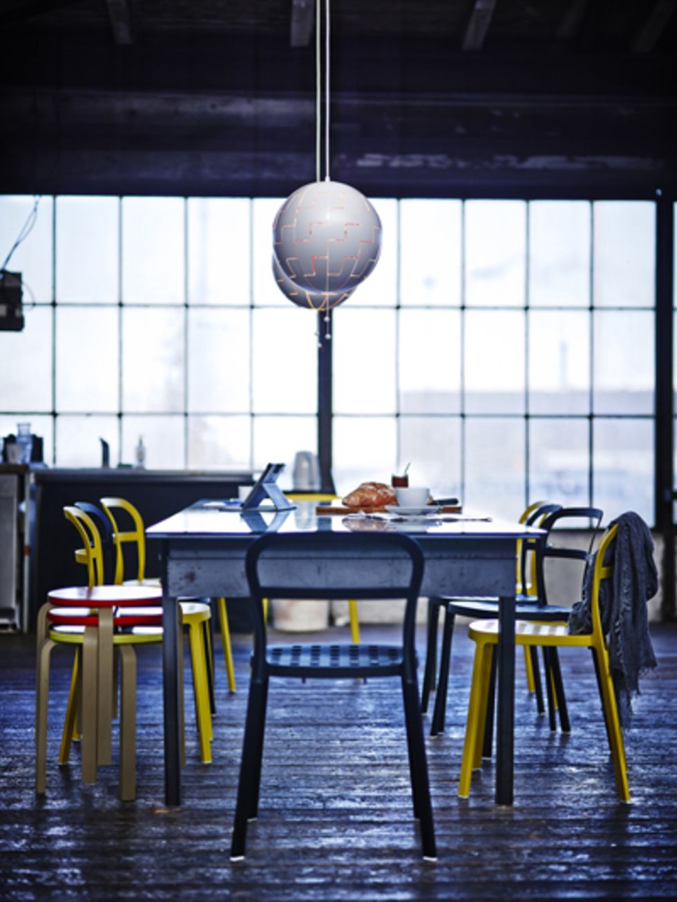 Yellow, Furniture, Table, Room, Glass, Floor, Chair, Light fixture, Daylighting, Kitchen & dining room table, 