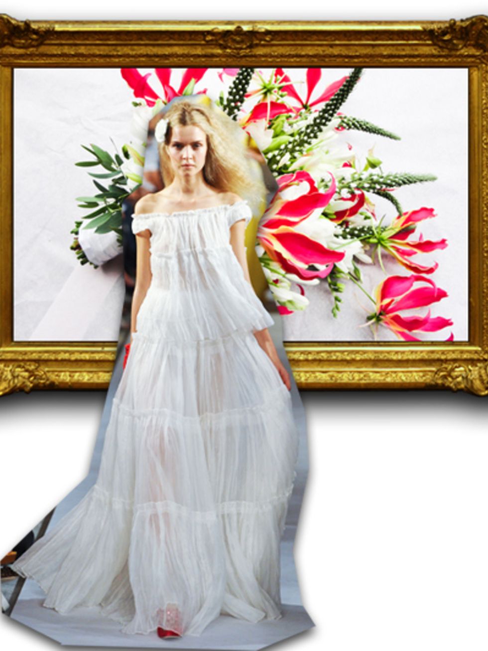 Petal, Bridal clothing, Dress, Red, Gown, Wedding dress, Cut flowers, Bride, Picture frame, Flower Arranging, 