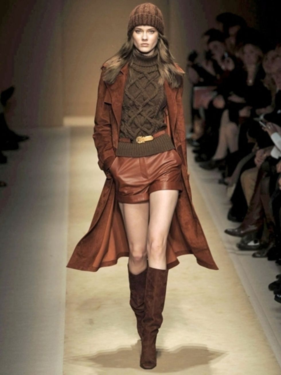 Clothing, Leg, Brown, Human leg, Textile, Outerwear, Fashion show, Style, Fashion model, Runway, 