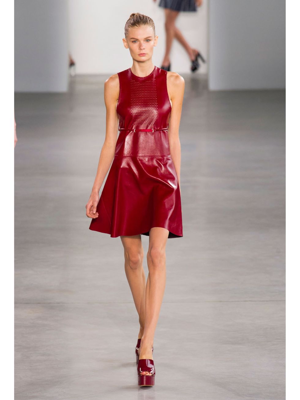 Clothing, Fashion show, Human leg, Shoulder, Joint, Red, Runway, Dress, Pink, One-piece garment, 