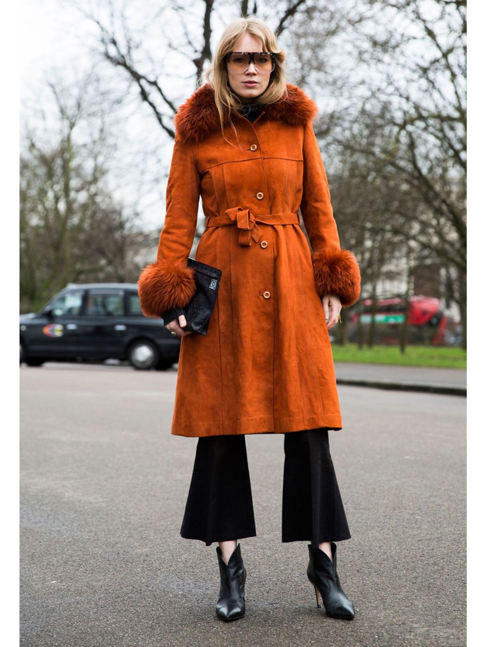 Clothing, Sleeve, Textile, Coat, Outerwear, Street fashion, Knee, Orange, Overcoat, Fur clothing, 