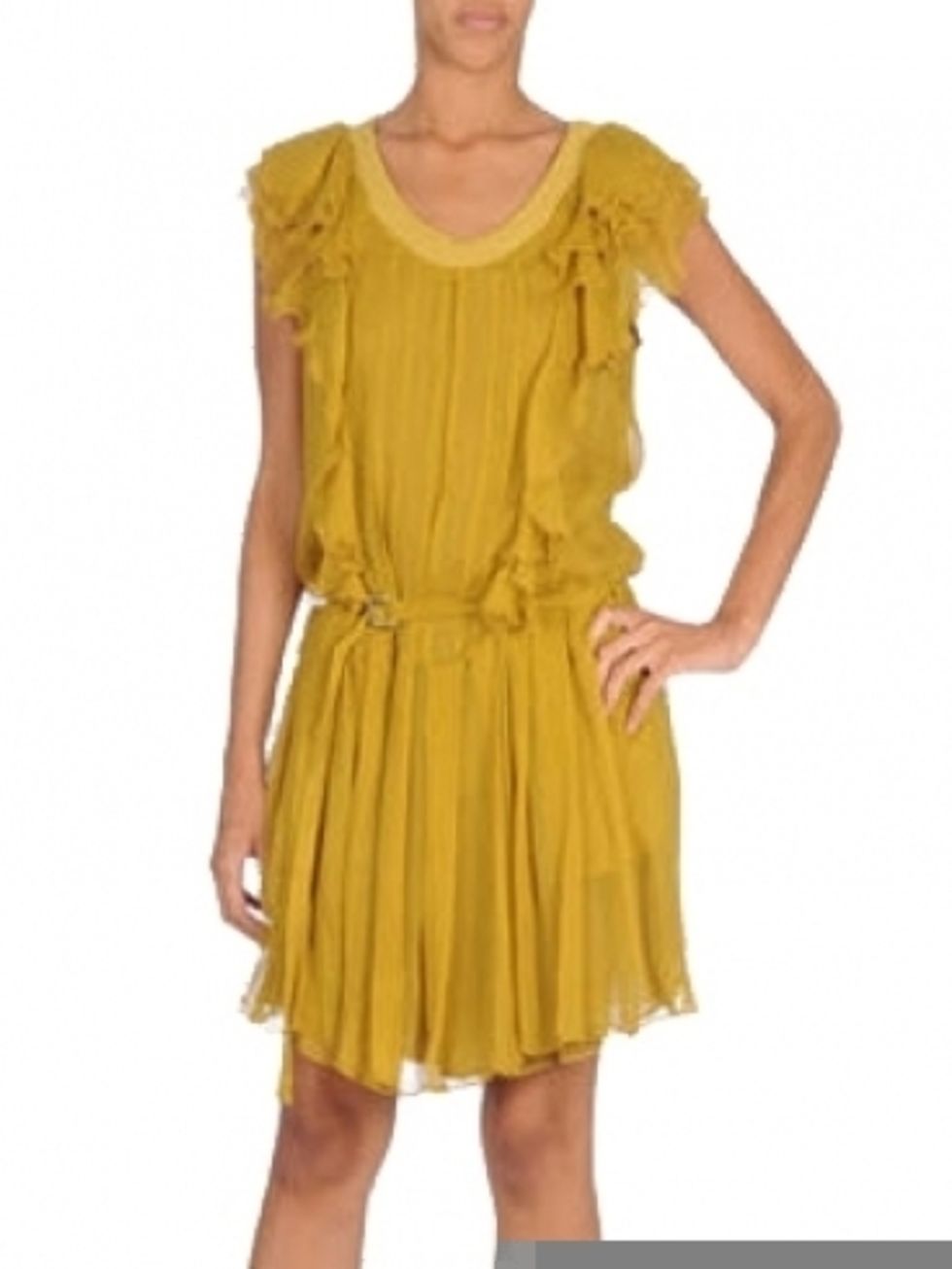 Yellow, Sleeve, Dress, Shoulder, Standing, Hand, Joint, Human leg, One-piece garment, Elbow, 