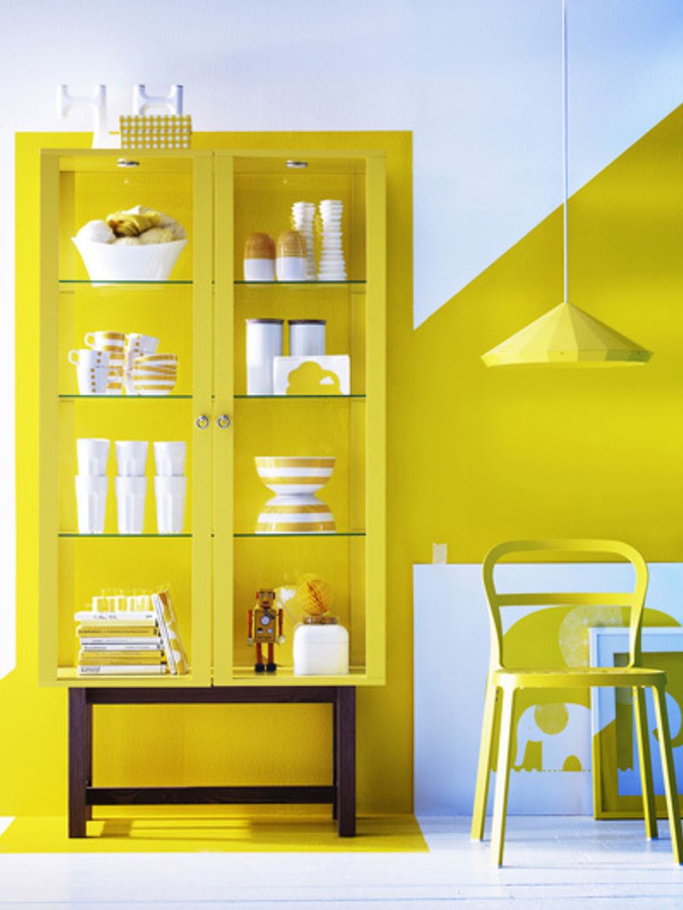 Yellow, Room, Furniture, Shelving, Shelf, Table, Interior design, Display case, Cupboard, Paint, 
