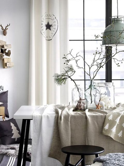 Room, Interior design, Tablecloth, Branch, Textile, Furniture, White, Table, Linens, Twig, 