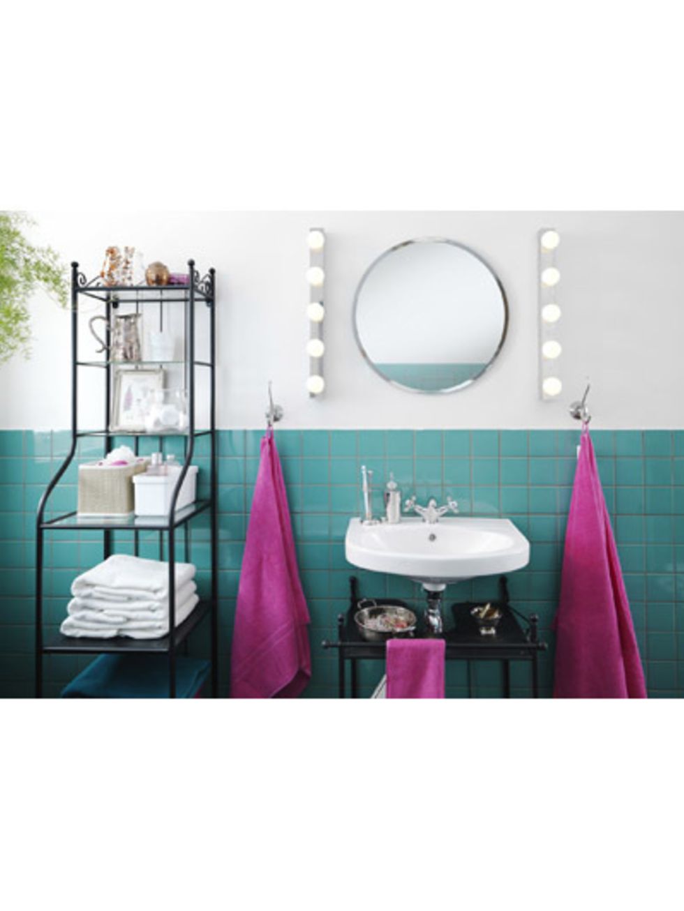 Bathroom sink, Room, Interior design, Purple, Plumbing fixture, Linens, Bathroom accessory, Sink, Mirror, Turquoise, 