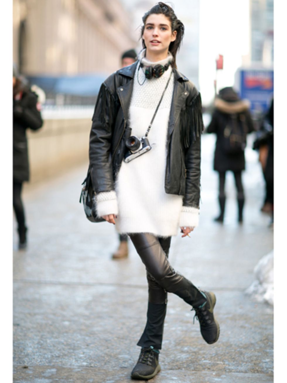 Clothing, Footwear, Winter, Textile, Outerwear, Jacket, Street fashion, Style, Street, Bag, 