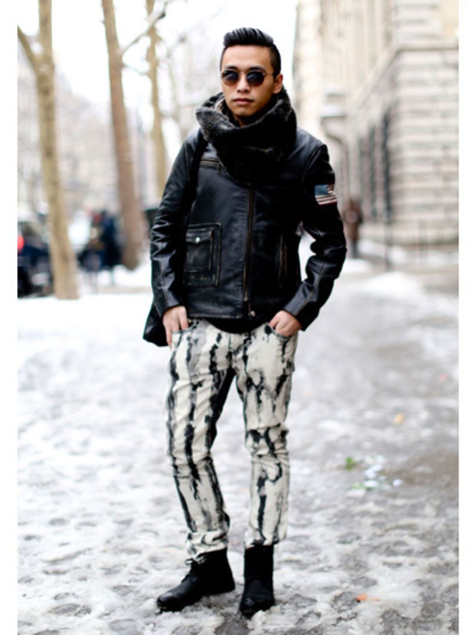 Clothing, Winter, Sleeve, Human body, Jacket, Textile, Outerwear, Style, Street fashion, Sunglasses, 