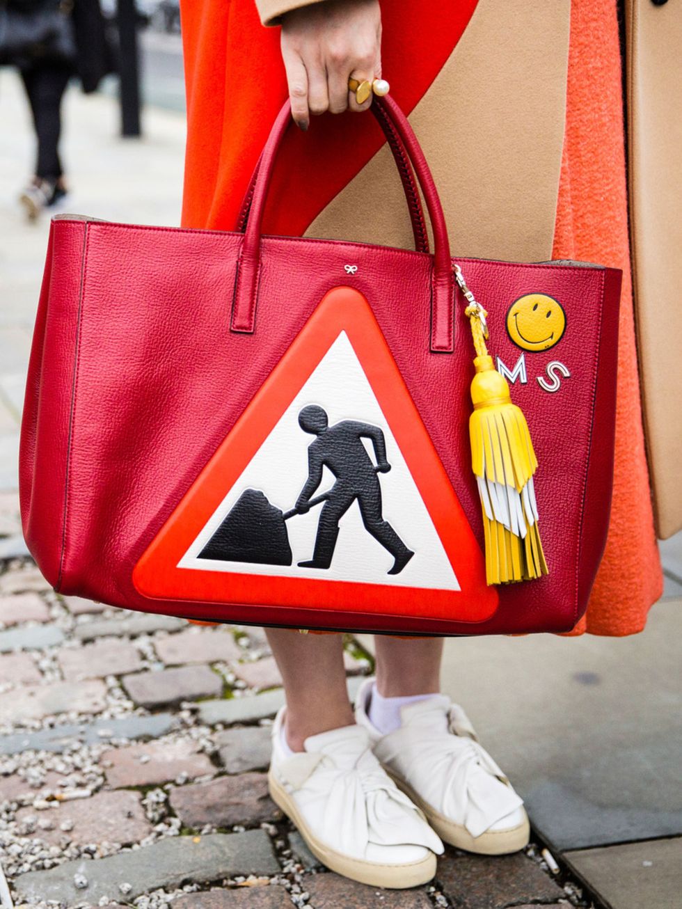Red, Bag, Carmine, Shoulder bag, Luggage and bags, Street fashion, Sign, Tote bag, Coquelicot, Walking shoe, 