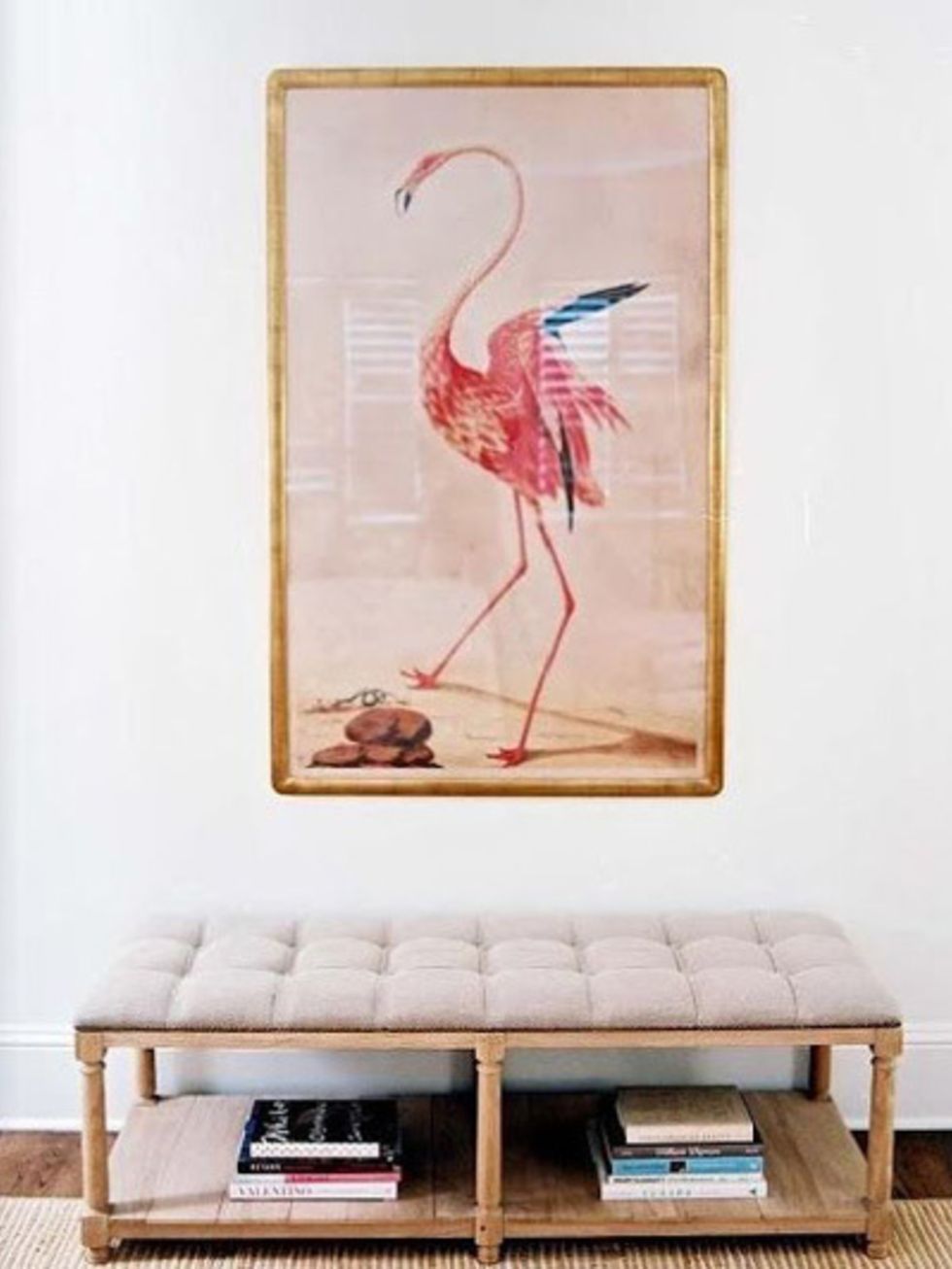 Flamingo, Greater flamingo, Bird, Beak, Water bird, Paint, Feather, Picture frame, Painting, Peach, 