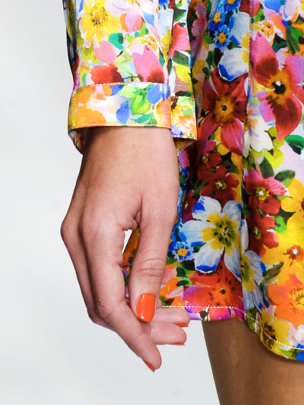 Finger, Yellow, Orange, Nail, Colorfulness, People in nature, Pattern, Peach, Day dress, Nail polish, 