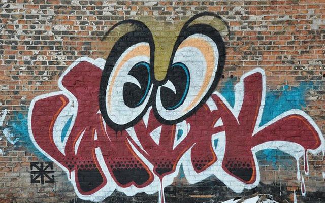Graffiti, Brick, Wall, Text, Brickwork, Street art, Paint, Line, Tints and shades, Mural, 