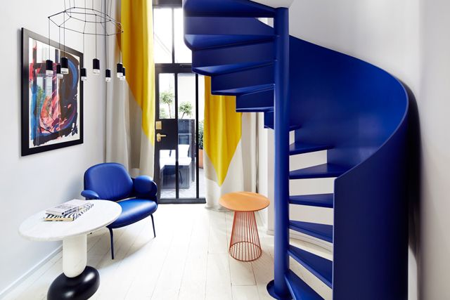 Blue, Stairs, Interior design, Floor, Wall, Picture frame, Majorelle blue, Electric blue, Cobalt blue, Interior design, 