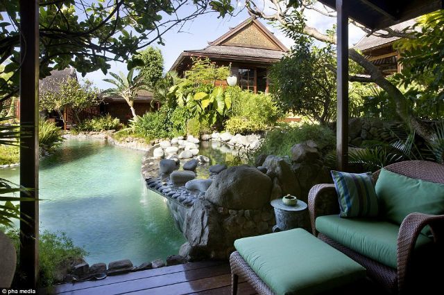 Plant, Natural landscape, Landscape, Outdoor furniture, Couch, House, Roof, Outdoor sofa, Garden, Pond, 