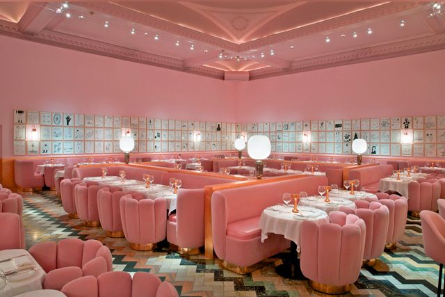 Tablecloth, Interior design, Textile, Function hall, Ceiling, Decoration, Hall, Pink, Linens, Light fixture, 