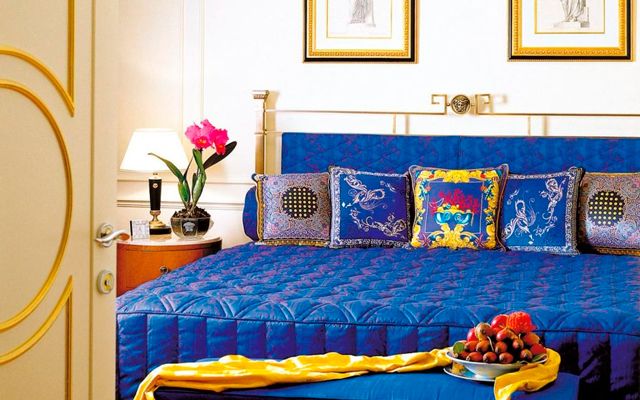 Blue, Room, Yellow, Interior design, Textile, Wall, Interior design, Linens, Bed, Home, 