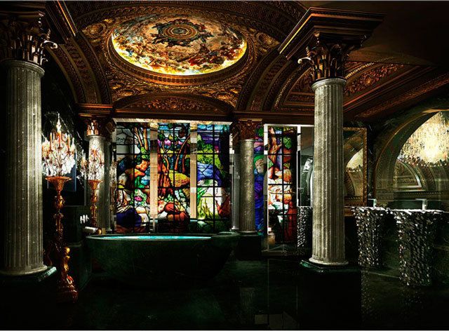 Glass, Interior design, Ceiling, Fixture, Stained glass, Column, Light fixture, Visual arts, Byzantine architecture, Arcade, 