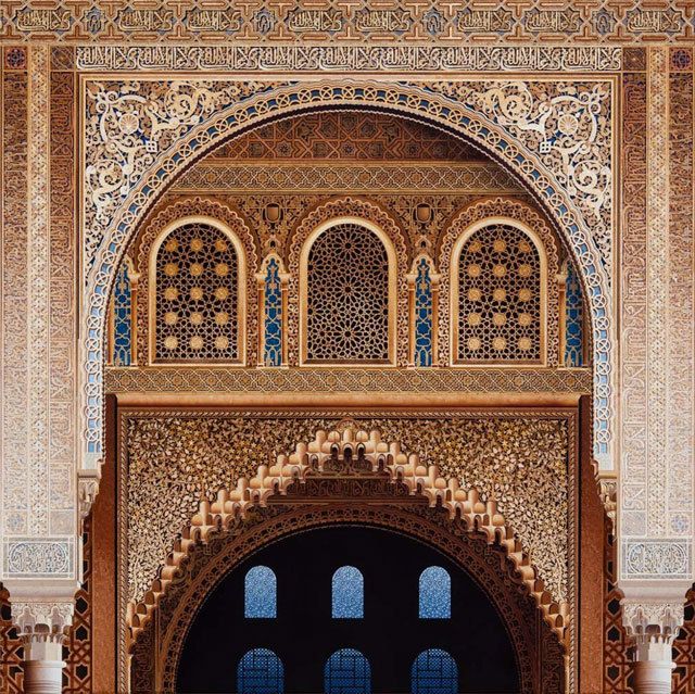 Architecture, Arch, Majorelle blue, Art, Arcade, Visual arts, Symmetry, Classical architecture, Place of worship, Carving, 