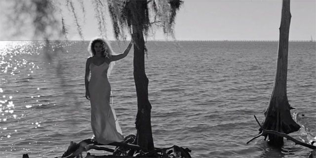 Water, Monochrome, Monochrome photography, Lake, Black-and-white, Long hair, Waist, Trunk, Wind, Gown, 