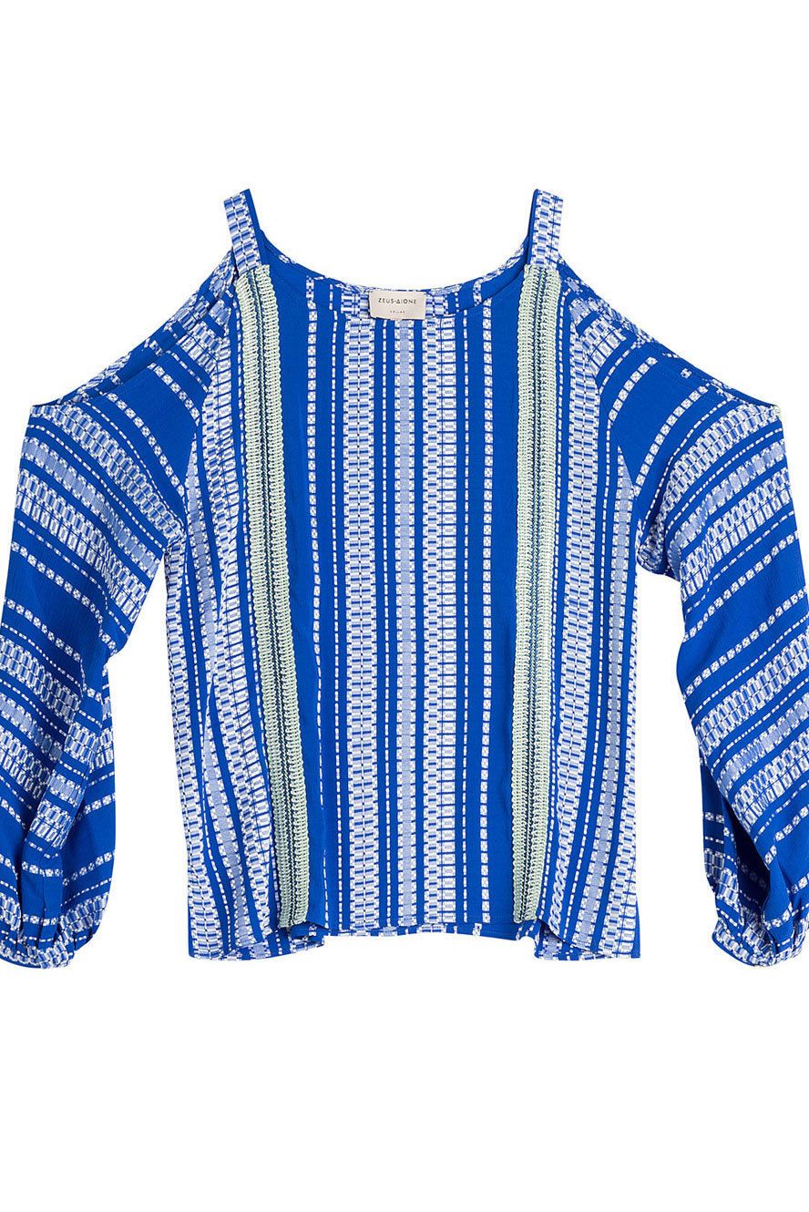 Blue, Product, Sleeve, Collar, Textile, White, Electric blue, Sweater, Pattern, Cobalt blue, 