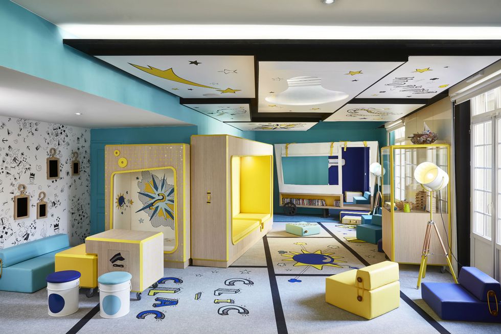 Interior design, Room, Yellow, Floor, Wall, Ceiling, Interior design, Flooring, Turquoise, Teal, 