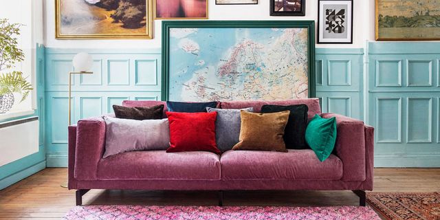Furniture, Couch, Living room, Room, Turquoise, Interior design, Wall, Sofa bed, Pink, studio couch, 