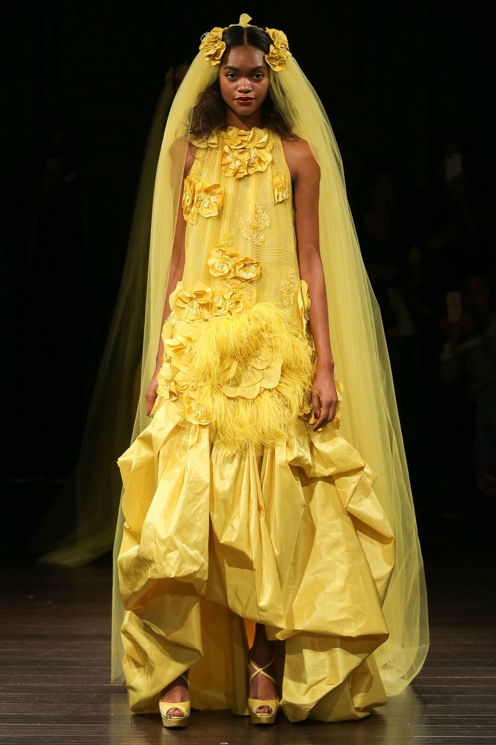 Yellow, Formal wear, Dress, Gown, Beauty, Costume design, Fashion, Bridal clothing, Youth, Wedding dress, 