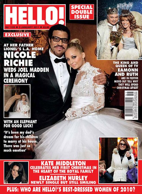 <p>Nicole Richie trouwde in december 2010 met Joel Madden in een prachtige jurk van Marchesa van een luttele $20.000.</p><p><em data-redactor-tag="em">foto: HELLO!</em></p>
