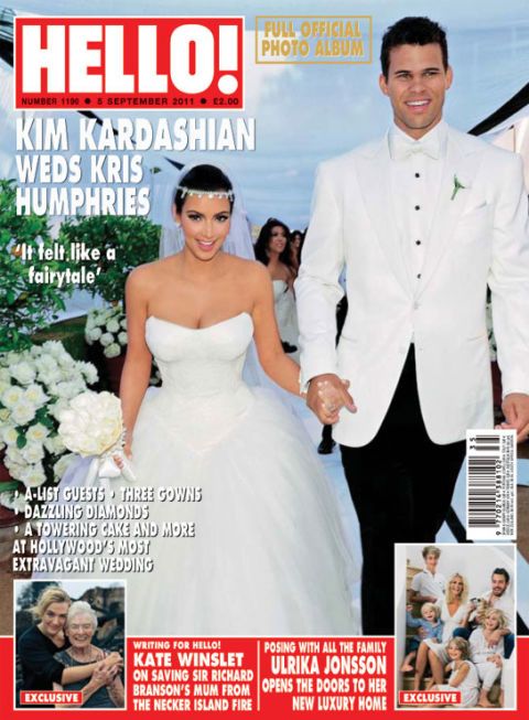 <p>Kim Kardashian, daar is ze dan, met jurk nummer 1: tijdens haar tweede huwelijk met Kris Humphries in 2011 droeg Kim niet één maar drie jurken van Vera Wang gedurende de dag. Iedere jurk kostte zo'n $25.000, wat een totaalbedrag van dus $75.000 aan trouwjurken maakt.</p><p><em data-redactor-tag="em">foto: HELLO!</em></p>