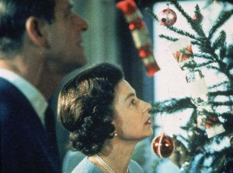 In this still from a 1969 documentary about Queen Elizabeth's life so far, you can get a peek at the very '60s-feeling tree (a time when Christmas trees were a bit more sparse and featured a delightful un-matching assortment of ornaments).