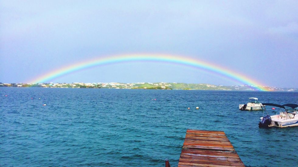 Rainbow, Water, Watercraft, Horizon, Liquid, Fluid, Sea, Boat, Colorfulness, Ocean, 