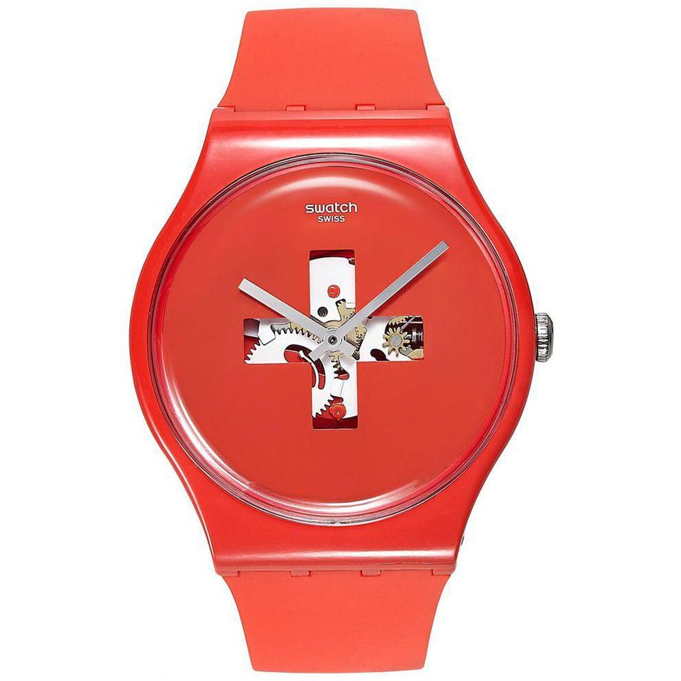 Product, Red, Watch, Orange, Watch accessory, Font, Carmine, Maroon, Analog watch, Metal, 