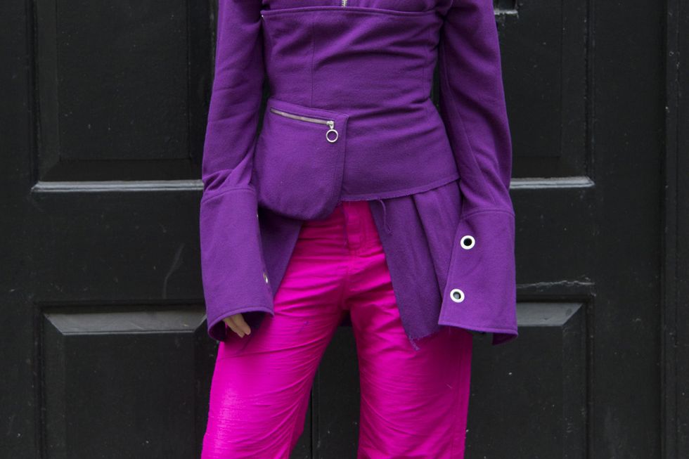 Clothing, Sleeve, Collar, Coat, Purple, Textile, Magenta, Outerwear, Pocket, Pink, 