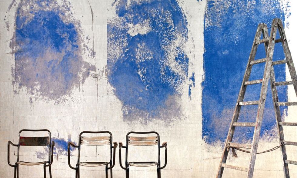 Blue, Wall, Line, Chair, Sky, Watercolor paint, Furniture, Art, Ladder, Paint, 