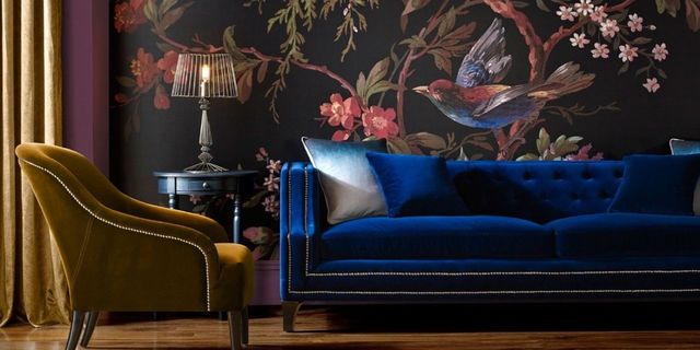 Couch, Blue, Room, Furniture, Interior design, Living room, Wallpaper, Wall, Tree, Plant, 